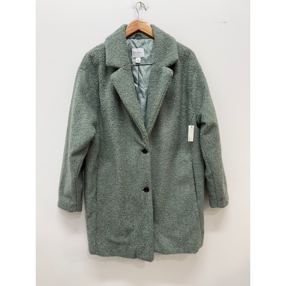 Daily Ritual Teddy Coat XL Sage Green Faux Shearling Notched Lapel Jacket